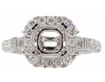 18K WHITE GOLD BAGUETTE AND ROUND DIAMOND CUSHION TOP SEMI MOUNTING, Genovese Jewelers