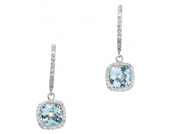 14K WHITE GOLD CUSHION BLUE TOPAZ AND PAVE DIAMOND DROP EARRINGS 