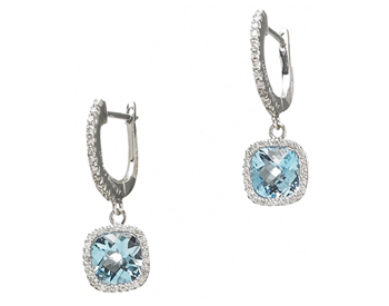 14K WHITE GOLD CUSHION BLUE TOPAZ AND PAVE DIAMOND DROP EARRINGS 