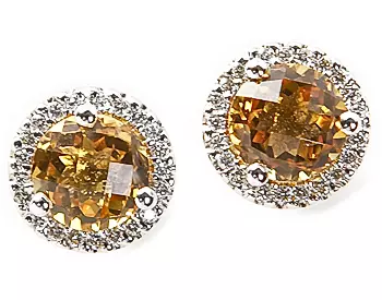 14K WHITE GOLD CITRINE CENTER AND PAVE DIAMOND HALO STUD EARRINGS