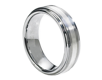 GENTLEMAN'S 7MM TUNGSTEN AND STERLING SILVER STRIPED SATIN CENTER AND POLISHED EDGE BAND