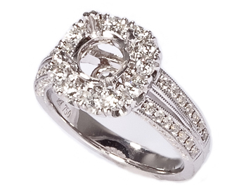18K WHITE GOLD ROUND TOP PRONG AND PAVE SET SEMI MOUNTING