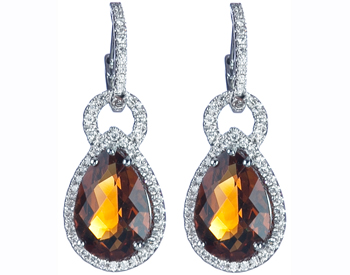 14K WHITE GOLD PEAR SHAPED CITRINE AND PAVE DIAMOND DROP EARRINGS