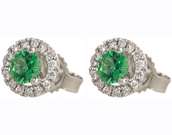 14K WHITE GOLD EMERALD CENTER AND PAVE DIAMOND HALO STUD EARRINGS