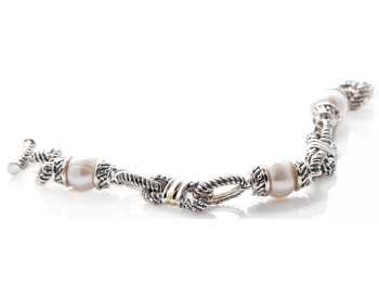 STERLING SILVER AND YELLOW GOLD FRESH WATER PEARL ROPE LINK BRACELET