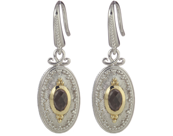STERLING SILVER AND YELLOW GOLD SMOKEY QUARTZ OVAL SHAPED DROP EARRINGS