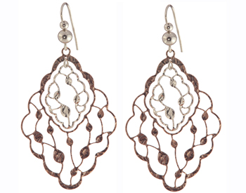 ROSE GOLD PLATED AND STERLING SILVER MARQUISE SHAPED VINE DESIGN DROP EARRINGS