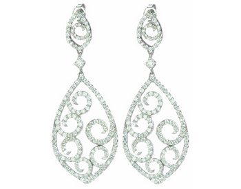 14K WHITE GOLD MARQUISE SHAPED SCROLL DESIGN PAVE DIAMOND DROP EARRINGS