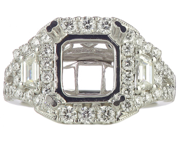 14K WHITE GOLD RADIANT TOP AND CUT TRAPEZOID SIDE DIAMOND SEMI MOUNTING 