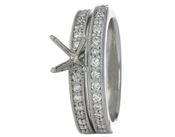 14K WHITE GOLD MILLEGRAIN ROUND CHANNEL SET DIAMOND SEMI MOUNTING AND BAND