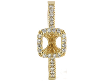 14K YELLOW GOLD SQUARE HALO AND ROUND DIAMOND CATHEDRAL SEMI MOUNTING RING