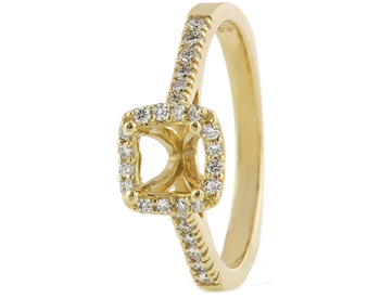 14K YELLOW GOLD SQUARE HALO AND ROUND DIAMOND CATHEDRAL SEMI MOUNTING RING