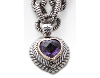STERLING SILVER AMETHYST HEART CHARM AND ROLO CHAIN BRACELET 