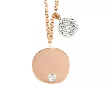 14K ROSE GOLD ROUND SATIN DISC WITH BURNISH SET DIAMOND AND OFFSET WHITE GOLD PAVE DIAMOND DISC NECKLACE