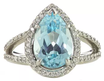 14K WHITE GOLD PEAR SHAPED SKY BLUE TOPAZ AND ROUND DIAMOND RING