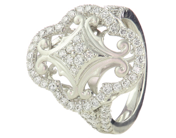 18K WHITE GOLD ROUND DIAMOND AND FANCY SCALLOPED FILIGREE TOP RING 