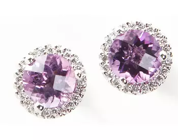 14K WHITE GOLD AMETHYST CENTER AND PAVE DIAMOND HALO STUD EARRINGS