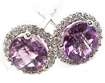 14K WHITE GOLD AMETHYST CENTER AND PAVE DIAMOND HALO STUD EARRINGS