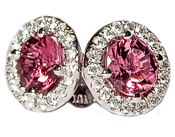 14K WHITE GOLD PINK TOURMALINE CENTER AND PAVE DIAMOND HALO STUD EARRINGS