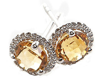 14K WHITE GOLD CITRINE CENTER AND PAVE DIAMOND HALO STUD EARRINGS