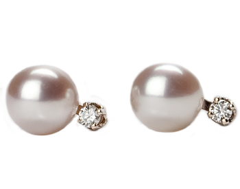 14K WHITE GOLD CULTURED PEARL AND ROUND DIAMOND STUD EARRINGS