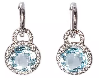 14K WHITE GOLD ROUND BLUE TOPAZ AND PAVE DIAMOND DROP EARRINGS