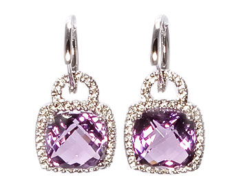 14K WHITE GOLD CUSHION AMETHYST AND PAVE DIAMOND DROP EARRINGS