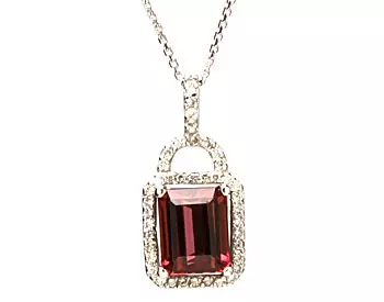 14K WHITE GOLD LOCK STYLE RECTANGLE SHAPED PINK TOURMALINE AND PAVE DIAMOND HALO PENDANT