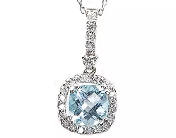 14K WHITE GOLD CUSHION BLUE TOPAZ CENTER AND ROUND DIAMOND HALO PENDANT 