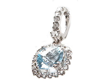 14K WHITE GOLD CUSHION BLUE TOPAZ CENTER AND ROUND DIAMOND HALO PENDANT 