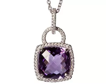 14K WHITE GOLD LOCK STYLE CUSHION AMETHYST AND PAVE DIAMOND PENDANT 