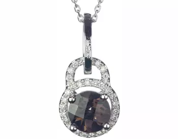 14K WHITE GOLD LOCK STYLE ROUND SMOKEY QUARTZ AND PAVE DIAMOND HALO PENDANT 