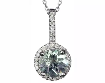 14K WHITE GOLD ROUND GREEN AMETHYST CENTER AND PAVE DIAMOND HALO PENDANT 