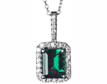 14K WHITE GOLD EMERALD CENTER AND PAVE DIAMOND CUSHION HALO PENDANT 