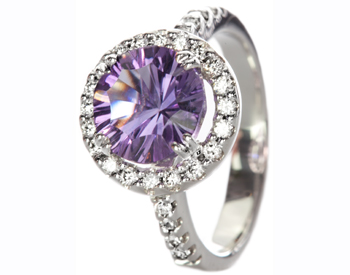 14K WHITE GOLD ROUND AMETHYST AND DIAMOND RING