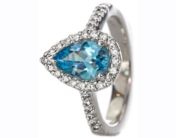 14K WHITE GOLD PEAR SHAPED BLUE TOPAZ AND PAVE DIAMOND RING