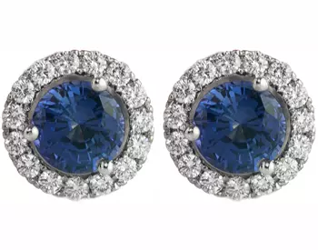 14K WHITE GOLD CHATHAM SAPPHIRE CENTER AND PAVE DIAMOND HALO STUD EARRINGS