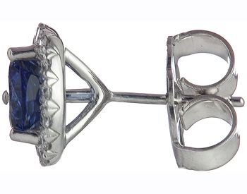 14K WHITE GOLD CHATHAM SAPPHIRE CENTER AND PAVE DIAMOND HALO STUD EARRINGS