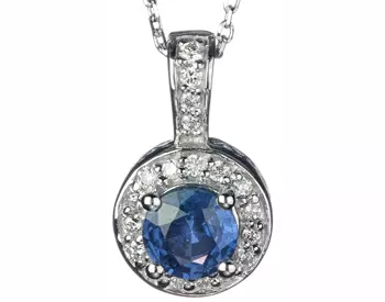 14K WHITE GOLD ROUND BLUE SAPPHIRE AND PAVE DIAMOND HALO PENDANT 