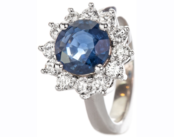 14K WHITE GOLD ROUND SAPPHIRE AND ROUND DIAMOND HALO RING