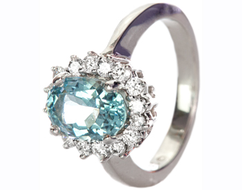 14K WHITE GOLD OVAL AQUA CENTER AND DIAMOND HALO RING