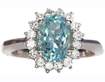 14K WHITE GOLD OVAL AQUA CENTER AND DIAMOND HALO RING