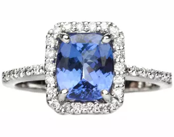 14K WHITE GOLD OVAL TANZANITE AND CUSHION PAVE DIAMOND HALO RING