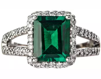 14K WHITE GOLD CUSHION EMERALD AND DIAMOND HALO RING 