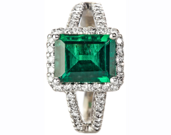 14K WHITE GOLD CUSHION EMERALD AND DIAMOND HALO RING 