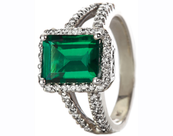 14K WHITE GOLD CUSHION EMERALD AND DIAMOND HALO RING 