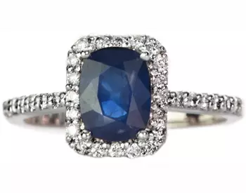 14K WHITE GOLD PAVE DIAMOND AND CUSHION SAPPHIRE RING