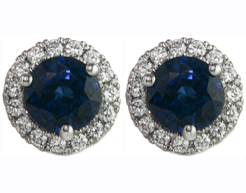 14K WHITE GOLD SAPPHIRE CENTER AND DIAMOND HALO STUD EARRINGS