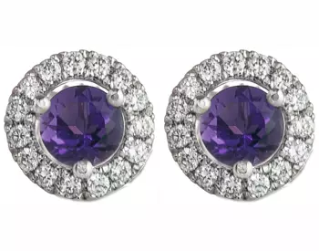 14K WHITE GOLD AMETHYST CENTER AND DIAMOND HALO STUD EARRINGS