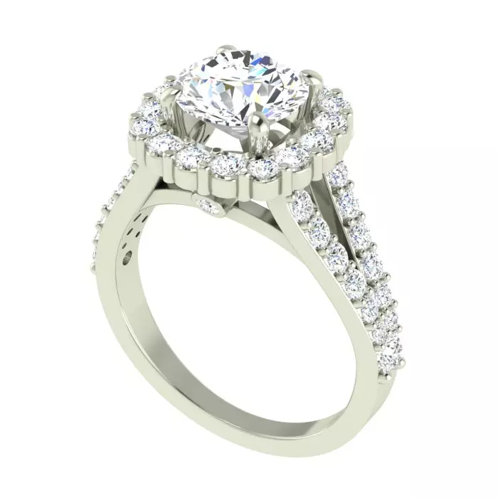 14K WHITE GOLD SHARED PRONG 11MM CUSHION HALO SPLIT SHANK ENGAGAMENT RING